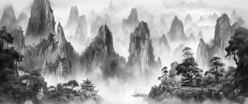 山水河流树木黑白淡彩意境中国风水墨画,插画/手绘图,插画/手绘图库,插画/手绘图下载,插画/手绘